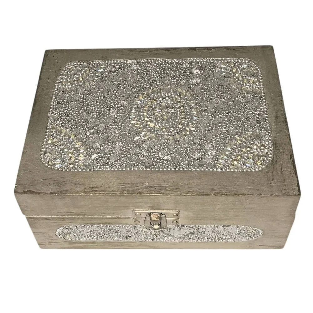 Sparkly Jewlery Box Silver With Sequins & Rhinestones Lightweight Wood 7 x 5 x 3